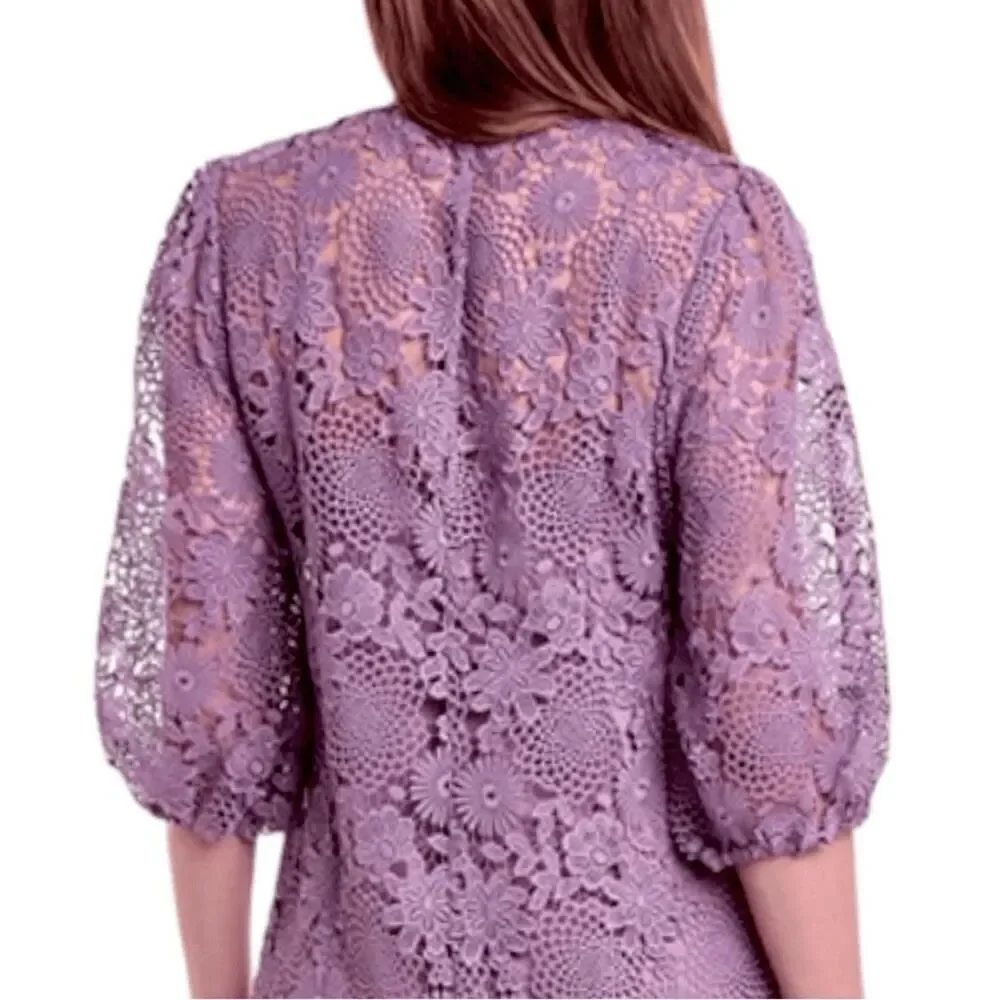 Johnny Was Lorrie Purple Crochet Lace Mini Dress Puff Sleeves Size Medium